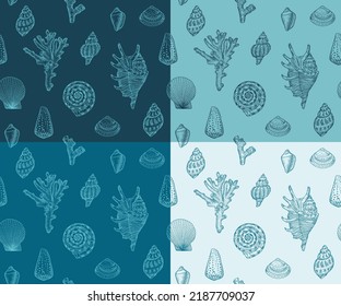 Sea shells and corals paradise vector seamless pattern, outline vintage engraving ilustration