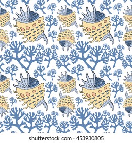 Sea shells and corals seamless pattern. Ocean life endless background.