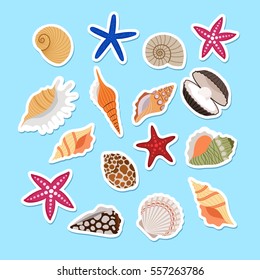 Sea shells cute stickers, vector set on light blue background.