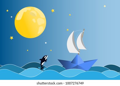 Sea shells and dolphins at night on the full moon night.vector.illustration