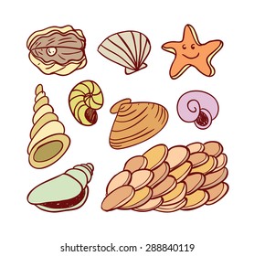  sea shells doodled icons, vector illustration.