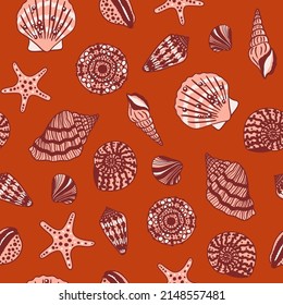 Sea shells, fossils and mollusks seamless pattern. Summer beach hand-drawn seaside vector print. Fashion textile bright multicolored illustration. Seashore elements design for fabrics, wallpaper
