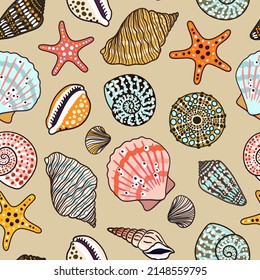 Sea shells, fossils and mollusks seamless pattern. Summer beach hand-drawn seaside vector print. Fashion textile bright multicolored illustration. Seashore elements design for fabrics, wallpaper