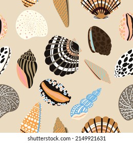 Sea shells, fossils and mollusks seamless pattern. Summer beach hand-drawn seaside vector print. Fashion textile bright multicolored illustration. Seashore elements design for fabrics, wallpaper