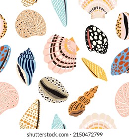Sea shells, fossils and mollusks seamless pattern. Summer beach hand-drawn seaside vector print. Fashion textile bright multicolored illustration. Seashore elements design for fabrics, wallpaper