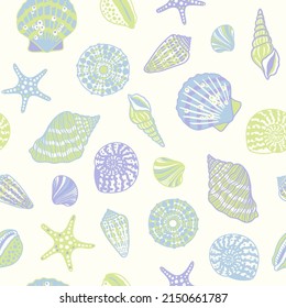 Sea shells, fossils and mollusks seamless pattern. Summer beach hand-drawn seaside vector print. Fashion textile bright multicolored illustration. Seashore elements design for fabrics, wallpaper