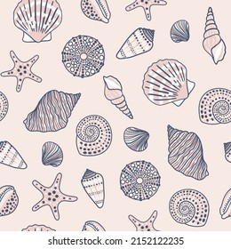 Sea shells, fossils and mollusks seamless pattern. Summer beach hand-drawn seaside vector print. Fashion textile bright multicolored illustration. Seashore elements design for fabrics, wallpaper