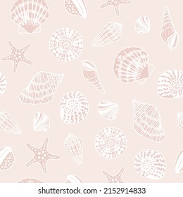 Sea shells, fossils and mollusks seamless pattern. Summer beach hand-drawn seaside vector print. Fashion textile bright multicolored illustration. Seashore elements design for fabrics, wallpaper