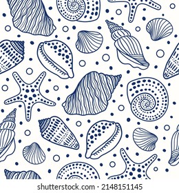 Sea shells, fossils, mollusks and starfish seamless pattern. Summer beach hand-drawn seaside vector print. Fashion textile monochrome blue and white colors. Seashore elements design for fabrics