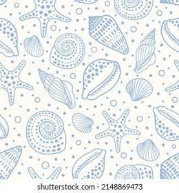 Sea shells, fossils, mollusks and starfish seamless pattern. Summer beach hand-drawn seaside vector print. Fashion textile monochrome blue and white colors. Seashore elements design for fabrics