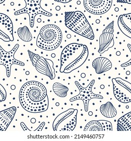 Sea shells, fossils, mollusks and starfish seamless pattern. Summer beach hand-drawn seaside vector print. Fashion textile monochrome blue and white colors. Seashore elements design for fabrics