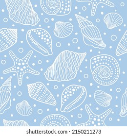 Sea shells, fossils, mollusks and starfish seamless pattern. Summer beach hand-drawn seaside vector print. Fashion textile monochrome blue and white colors. Seashore elements design for fabrics