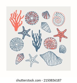 Sea shells, fossils and mollusks underwater object set. Summer beach hand-drawn seaside vector print. Fashion bright multicolored illustration. Seashore elements design