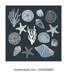 Sea shells, fossils and mollusks underwater object set. Summer beach hand-drawn seaside vector print. Fashion bright multicolored illustration. Seashore elements design