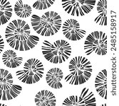 Sea shells and fossils vector seamless pattern. Summer beach hand-drawn doodle seaside print. Ocean fashion textile monochrome black and white colors. Seashore elements design for fabrics, wallpaper