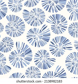 Sea shells and fossils vector seamless pattern. Summer beach hand-drawn doodle seaside print. Ocean fashion textile monochrome blue and white colors. Seashore elements design for fabrics, wallpaper