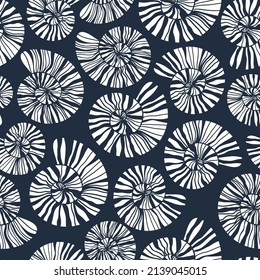 Sea shells and fossils vector seamless pattern. Summer beach hand-drawn doodle seaside print. Ocean fashion textile monochrome blue and white colors. Seashore elements design for fabrics, wallpaper