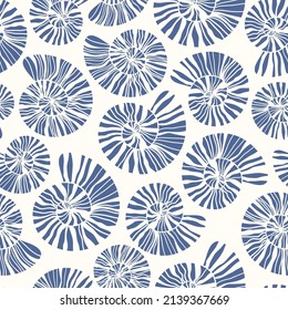Sea shells and fossils vector seamless pattern. Summer beach hand-drawn doodle seaside print. Ocean fashion textile monochrome blue and white colors. Seashore elements design for fabrics, wallpaper