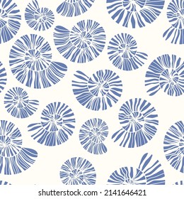 Sea shells and fossils vector seamless pattern. Summer beach hand-drawn doodle seaside print. Ocean fashion textile monochrome blue and white colors. Seashore elements design for fabrics, wallpaper