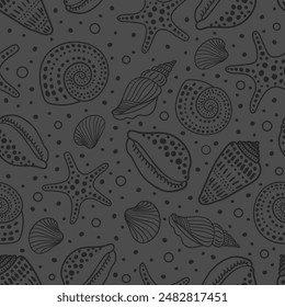 Sea shells and fossils vector seamless pattern. Summer beach hand-drawn doodle seaside print. Ocean fashion textile monochrome black and white colors. Seashore elements design for fabrics, wallpaper