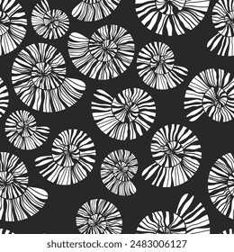 Sea shells and fossils vector seamless pattern. Summer beach hand-drawn doodle seaside print. Ocean fashion textile monochrome black and white colors. Seashore elements design for fabrics, wallpaper