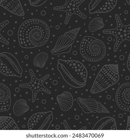 Sea shells and fossils vector seamless pattern. Summer beach hand-drawn doodle seaside print. Ocean fashion textile monochrome black and white colors. Seashore elements design for fabrics, wallpaper