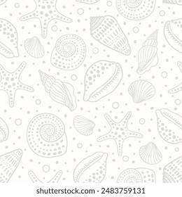 Sea shells and fossils vector seamless pattern. Summer beach hand-drawn doodle seaside print. Ocean fashion textile monochrome black and white colors. Seashore elements design for fabrics, wallpaper
