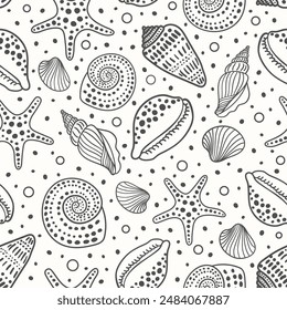 Sea shells and fossils vector seamless pattern. Summer beach hand-drawn doodle seaside print. Ocean fashion textile monochrome black and white colors. Seashore elements design for fabrics, wallpaper