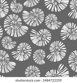 Sea shells and fossils vector seamless pattern. Summer beach hand-drawn doodle seaside print. Ocean fashion textile monochrome black and white colors. Seashore elements design for fabrics, wallpaper