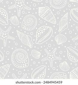 Sea shells and fossils vector seamless pattern. Summer beach hand-drawn doodle seaside print. Ocean fashion textile monochrome black and white colors. Seashore elements design for fabrics, wallpaper