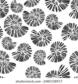 Sea shells and fossils vector seamless pattern. Summer beach hand-drawn doodle seaside print. Ocean fashion textile monochrome black and white colors. Seashore elements design for fabrics, wallpaper