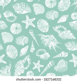 Sea shells green vector seamless pattern. Realistic hand drawn marine background with nature ocean aquatic mollusk shell