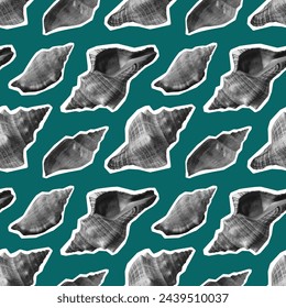 Sea shells in halftone seamless pattern. Y2K style