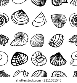 Sea shells hand drawn seamless pattern.