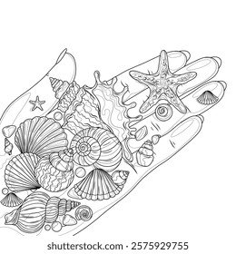 Sea shells in hand.Coloring book antistress for children and adults. Illustration isolated on white background.Zen-tangle style. Hand draw