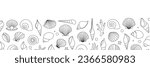 Sea shells horizontal outline banner. Tropical underwater shells. Freshwater algae, corals, starfish, mollusks, scallop, pearls. Vector illustration.