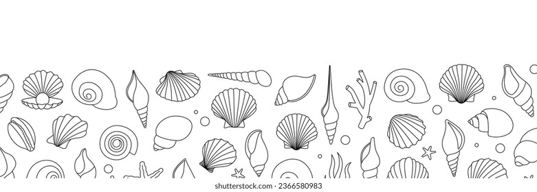 Sea shells horizontal outline banner. Tropical underwater shells. Freshwater algae, corals, starfish, mollusks, scallop, pearls. Vector illustration.