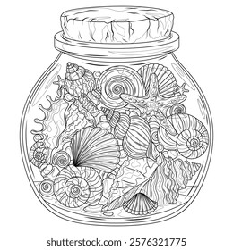 Sea shells in a jar.Coloring book antistress for children and adults. Illustration isolated on white background.Hand draw