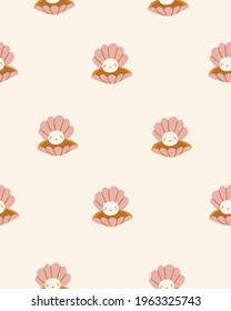 Sea shells kids seamless pattern. Vector sea texture in cartoon style. Hand-drawn cute beach shells for baby fabric in neutral light colors. Cute ocean repeated background.  Vector illustration