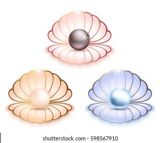 Sea shells with large pearls logo icons in gold-framed illustration white background
Blue, pink and gold sea shells with black, blue and gold pearls