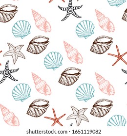 Sea Shells and Marine Animals Seamless Pattern. Vector Sketch Ocean Life Background. Summer Textile and Wallpaper Print Template.