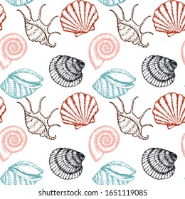 Sea Shells and Marine Animals Seamless Pattern. Vector Sketch Ocean Life Background. Summer Textile and Wallpaper Print Template.