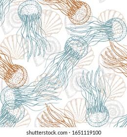 Sea Shells and Marine Animals Seamless Pattern. Vector Sketch Ocean Life Background. Summer Textile and Wallpaper Print Template.