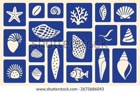 Sea Shells and Marine Life Vector Illustration Set on Blue Background