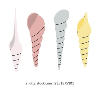 Sea shells. Sea shells, mollusks, scallop, pearls. Tropical underwater shells. Vector illustration.