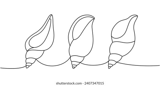 Sea shells. Sea shells, mollusks, scallop, pearls. Tropical underwater shells continuous one line illustration. Vector minimalist linear illustration.