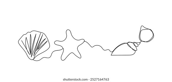 Conchas marinas, moluscos, vieiras y estrellas Conchas submarinas tropicales ilustración continua de una línea. Ilustración minimalista de Vector. Vector hecho a mano, no IA.