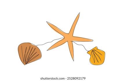 Conchas marinas, moluscos, vieiras y estrellas Conchas submarinas tropicales ilustración continua de una línea. Ilustración minimalista de Vector. Vector hecho a mano, no IA.