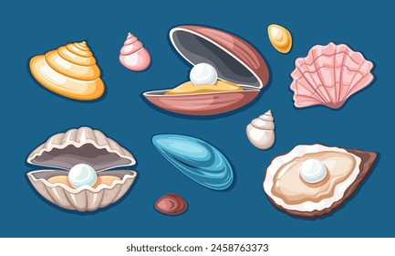sea shells. ocean starfish aquarium seashells collection, cartoon aquatic life spiral beach cockleshells. vector cartoon objects set, isolated with white background.
