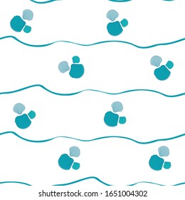 Sea shells on beach seamless vector pattern background. Hand drawn line art. Minimal mollusc repeat with doodle waves. Aquatic illustration all over print for hot summer vacation resort concept.